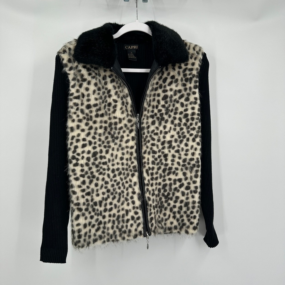 Womens‎ Vintage Y2K Animal Print Faux Fur Cardigan Sweater Sz M Maximalist Indie